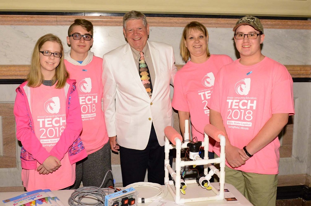 Senator Jim Oberweis talks with students from Parkview Christian Academy in Yorkville about their “A Robotic Journey” project at TECH 2018